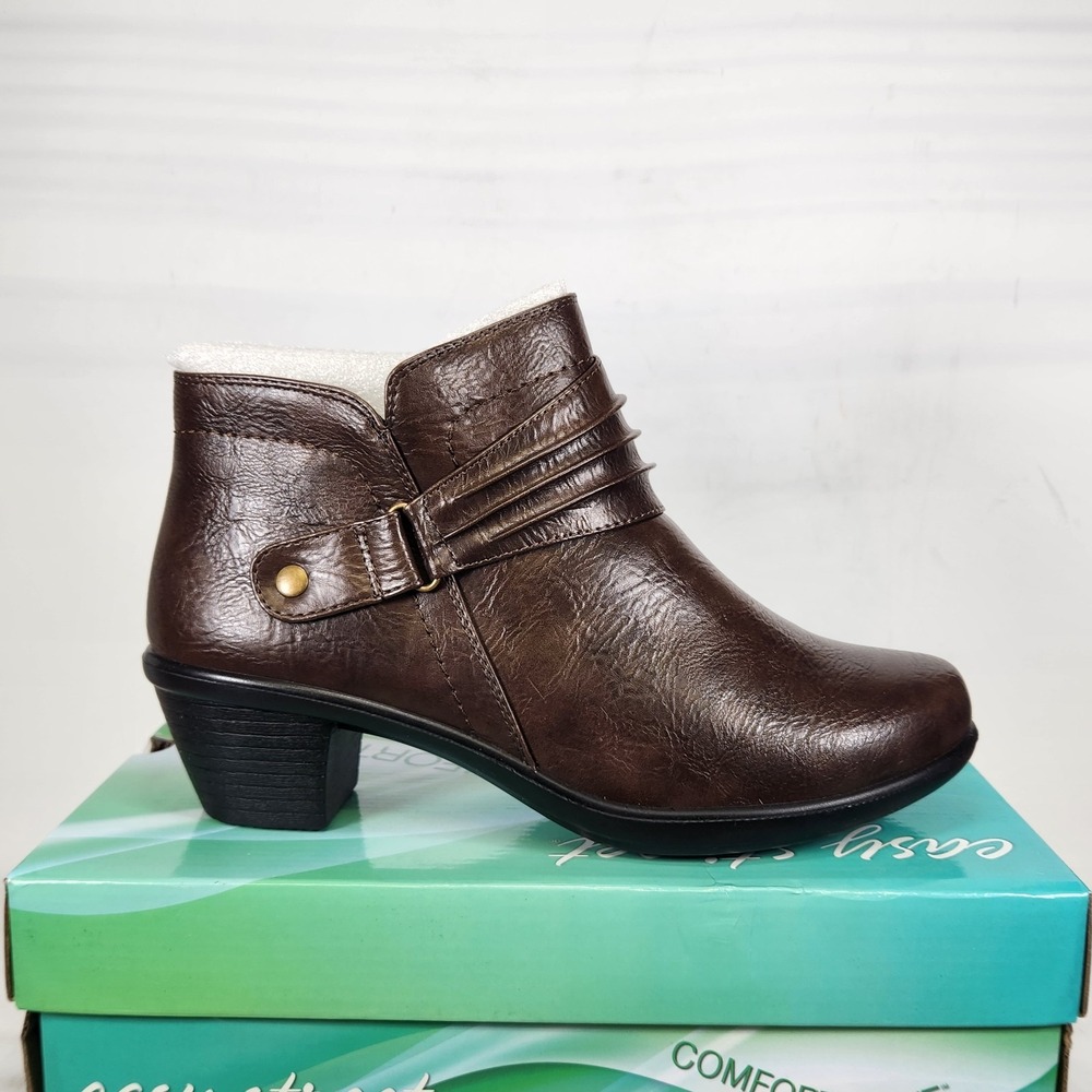 Easy Street Damita Ankle Boots Women Size 10 WIDE Brown Ruched Block Heel Zip